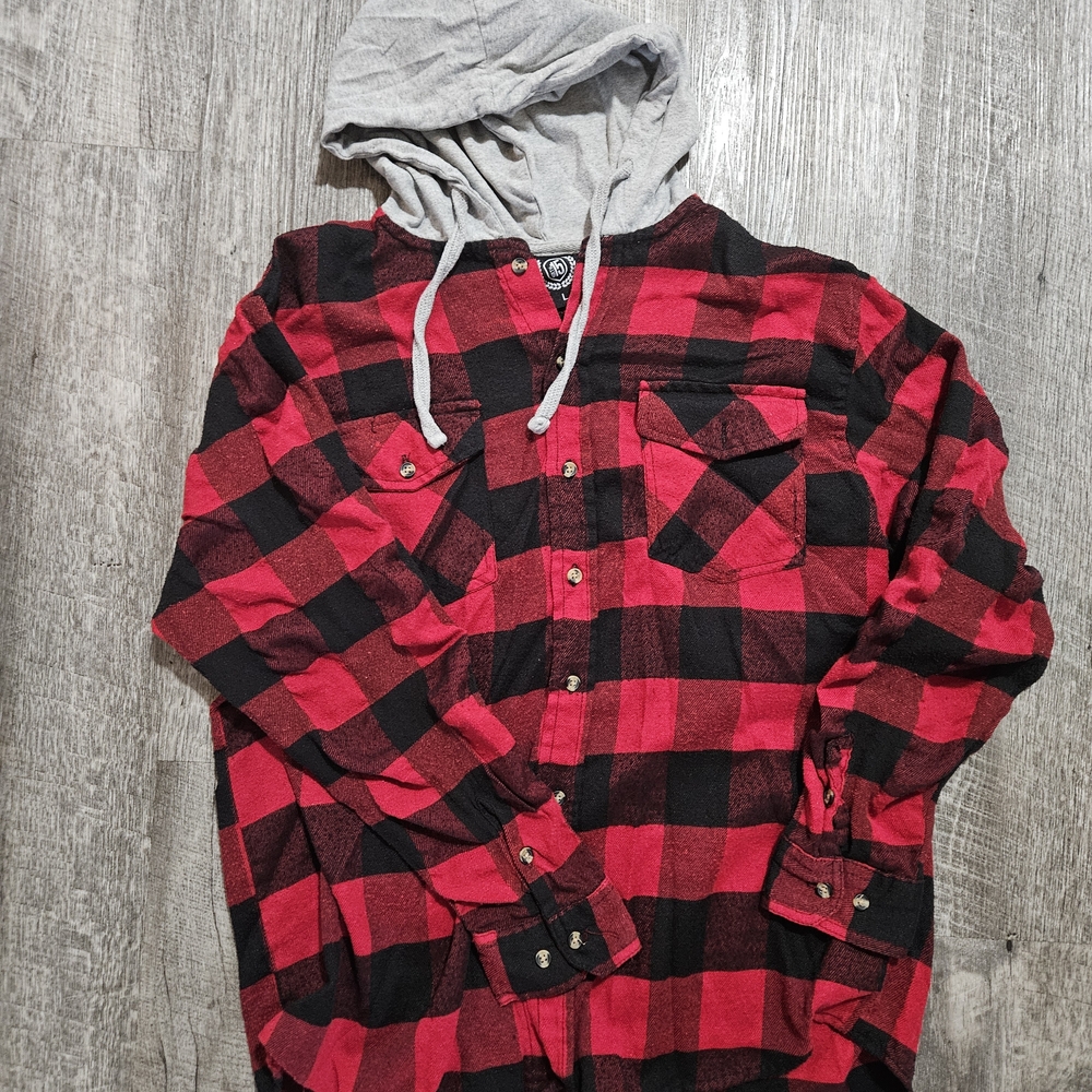 Casual Red and Black Plaid Men's Shirt with Hood